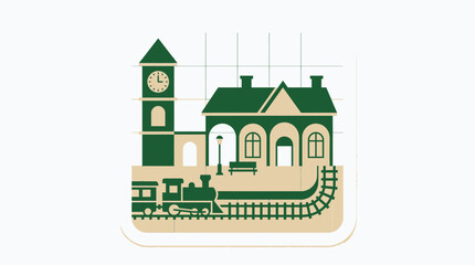 Fototapeta premium Vintage Train Station with Clock Tower and Steam Locomotive, Retro Travel Illustration