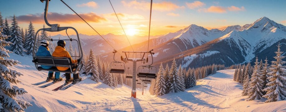 Happy couple sits on ski lift at sunny winter mountain resort. People in colorful gear ride chairlift over snowy evergreen forest slopes. Sunset lights snowy peaks during vacation. Skier pair enjoys