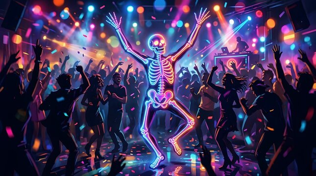 Neon glowing skeleton dancing in a crowded nightclub with colorful disco lights and confetti