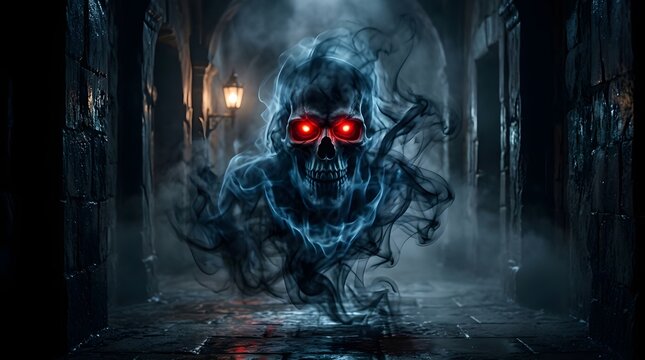 Eerie spectral skull with glowing red eyes floating in a dark misty stone corridor
