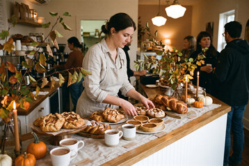 Fototapeta premium Woman arranging pastries and drinks on a table in a cozy café 