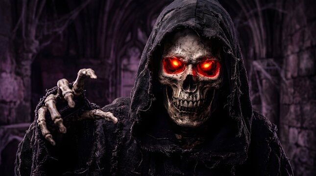 Grim reaper skeleton with glowing red eyes in a dark gothic setting