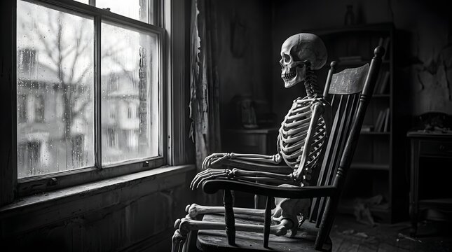 A lonely skeleton sitting in a wooden rocking chair by a window in a dark, abandoned room