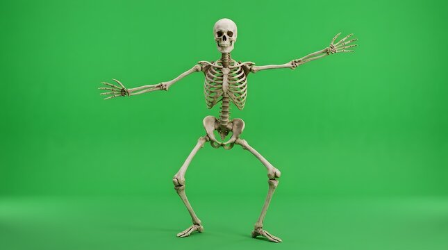 A human skeleton standing in a dynamic dancing pose isolated on green screen