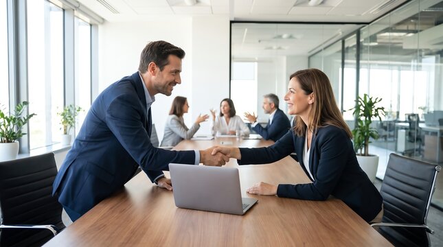 Business people shaking hands across a conference table after successfully closing a deal in a modern office