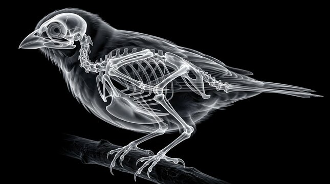 Xray view of a bird skeleton perched on a branch