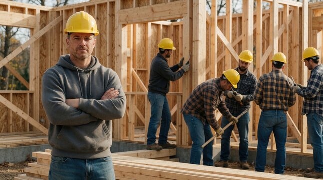 Confident foreman in yellow hard hat stands with folded arms at construction site. Team of male builders works on wooden house frame structure behind. Men use tools to construct new residential