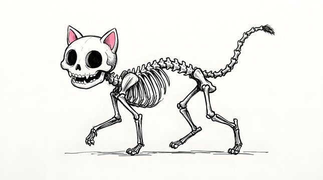 Handdrawn illustration of a cute skeleton cat walking, isolated on white background