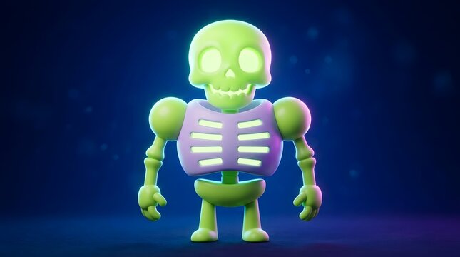 3d render of a stylized neon glowing skeleton character