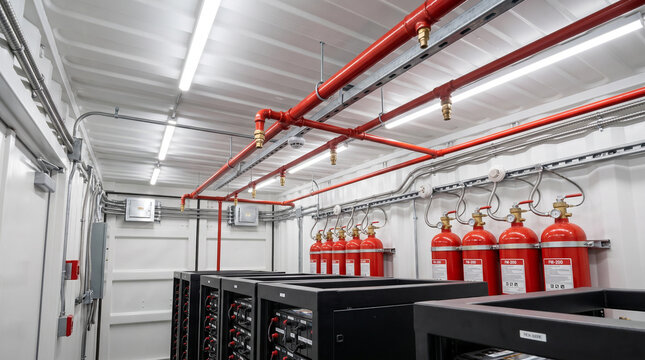 Interior of battery energy storage facility with fire suppression system  