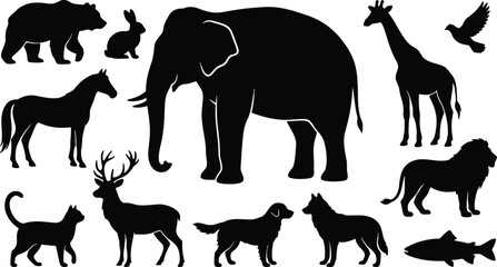Obraz premium Wild Animals Silhouette Set, Bear Elephant Giraffe Horse Deer Lion Dog Icons Isolated on White