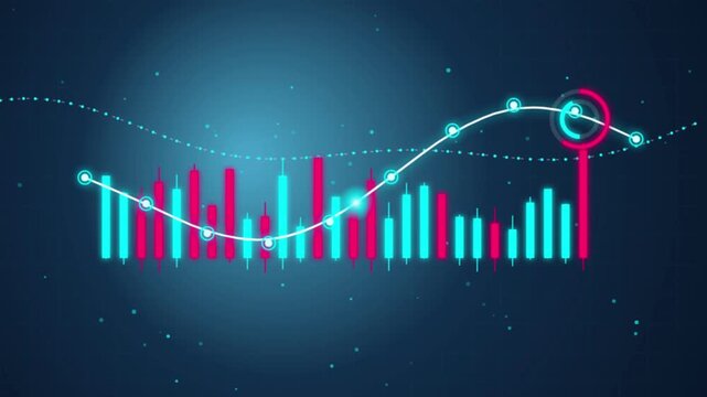 Abstract financial candlestick chart with glowing line graph and motion data elements for trading concepts.