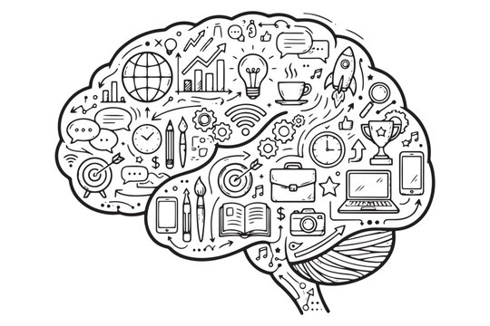 Creative mind visualizing business growth and innovation. Brain illustration packed with icons symbolizing productivity and ideas.