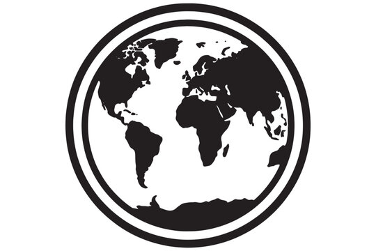 Minimalist globe icon with bold black and white contrast. Clean circular world map design for modern branding and presentations.