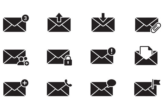 Modern email icons set showcasing various notification types. Flat design email symbols for web and app UI.