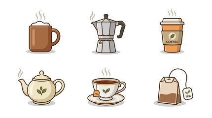 Obraz premium Flat vector icon set of coffee and tea drinks with mug, moka pot, paper cup, teapot, cup, and tea bag