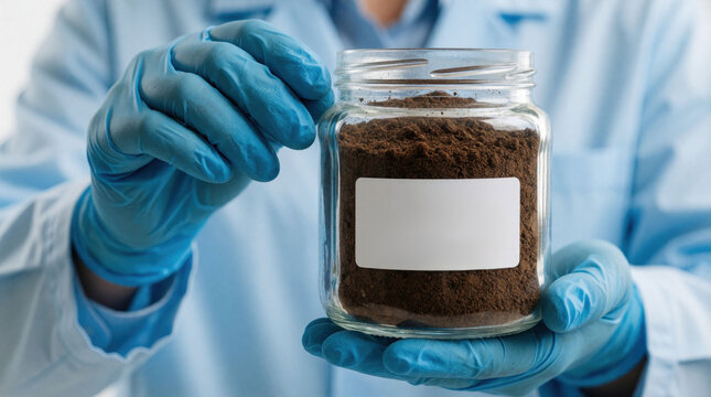 Scientist in blue lab coat wears protective gloves holding glass jar with dark soil sample. Researcher examines earth texture for environmental studies. Pro technician performs chemical analysis of