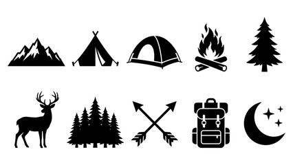 Set of black camping and outdoor adventure icons including mountains tent campfire and trees Vector © azad