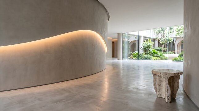 Minimalist curved interior space with stone side table and courtyard view