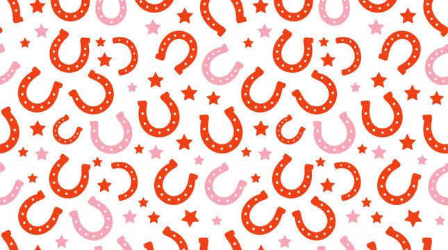 Seamless pattern with red horseshoes and stars for western design and horse riding decor Vector