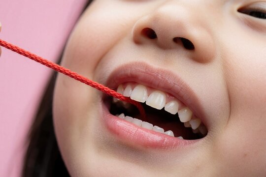 Little girl removes loose baby tooth with red thread at home. Child opens mouth to pull out milk teeth during dental growth change. Closeup view shows childhood milestone process of losing deciduous