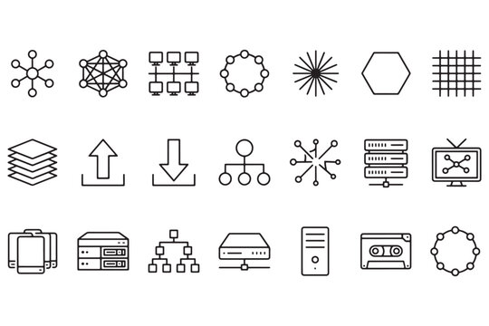 Modern flat icons for UI design and app development. Clean geometric symbols for digital interfaces and software projects.