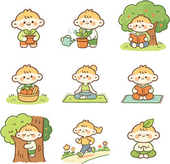 Obraz premium Cute Kids Nature, Gardening, Reading and Healthy Lifestyle Illustration Set 