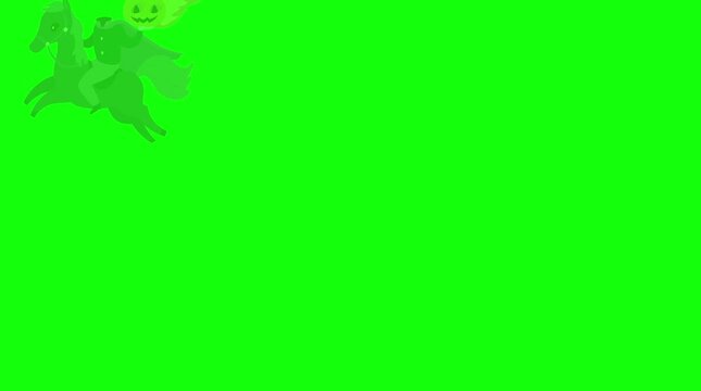 Headless Horseman Riding Across Screen Green Screen | Halloween Chroma Key Overlay Animated Headless Horseman Galloping Transition Headless Horseman with Flaming Pumpkin Riding By &ndash; Green Screen Asset