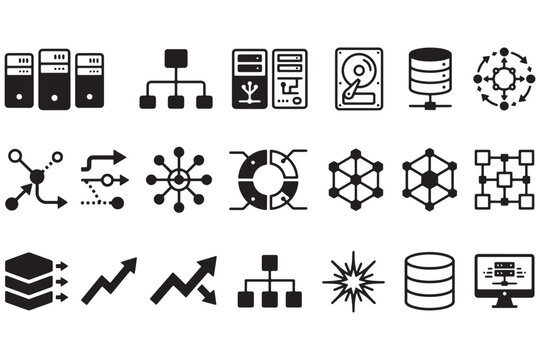 Modern flat icons depicting AI, machine learning, and data science concepts. Vector illustrations for tech presentations and infographics.