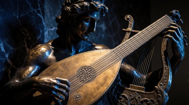Antique bronze sculpture of Orpheus plays lute instrument. Classical metal statue shows artistic male figure with musical tool. Dark dramatic lighting highlights intricate craftsmanship, fine texture