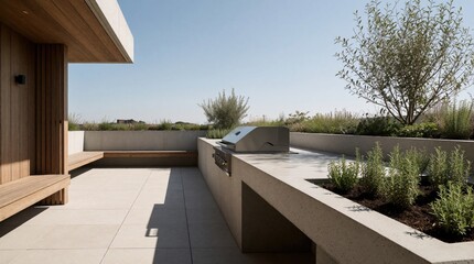Obraz premium Minimalist rooftop terrace features modern outdoor kitchen with stainless steel barbecue grill. Concrete cooking island stands beside wooden benches, green herb garden. Sunny patio provides stylish