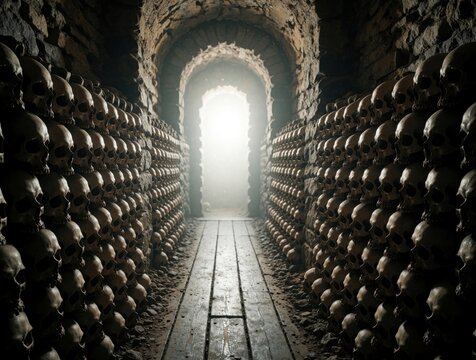 Stone tunnel lined with rows of human skulls stacked on walls. Dark underground corridor leads to bright light at end. Ancient catacombs filled with bones evoke eerie feeling of death. Historic site