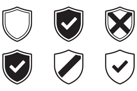 Modern shield icons showing approval, rejection, and security status. Vector symbols for validation, error, and success states.