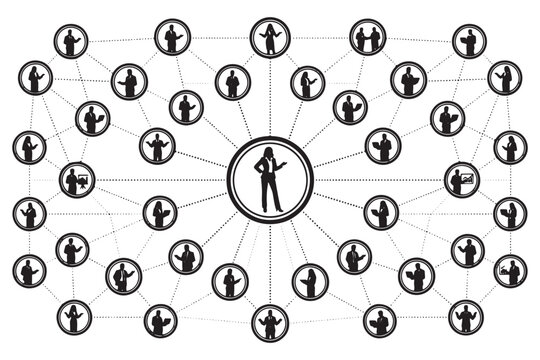 Central figure leading a diverse team network. Hierarchical organizational structure with interconnected human icons.