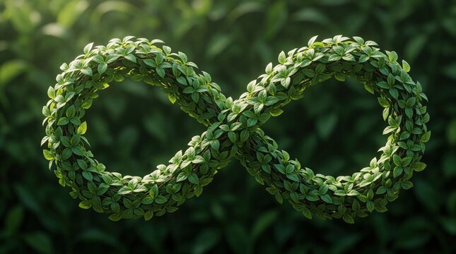 Infinity sign shaped from green leaves implies unending growth and nature continuity. Symbolizes eco-friendly life cycles and sustainable business.