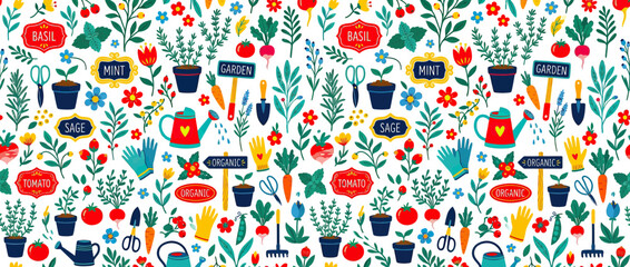 Naklejka premium Whimsical Garden Pattern with Plants, Tools, and Watering Can