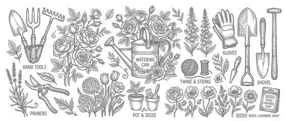 Gardening Tools and Flowers Illustration Set © mesa