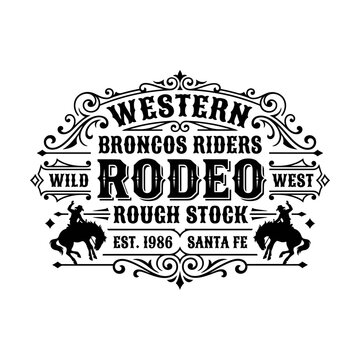 Vintage western rodeo emblem with cowboys riding bucking broncos and ornate decorative frame Vector