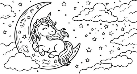 Mystical unicorn resting under crescent moon. Enchanted fantasy creature with glowing mane in dreamy night sky. © MarjanaAkter