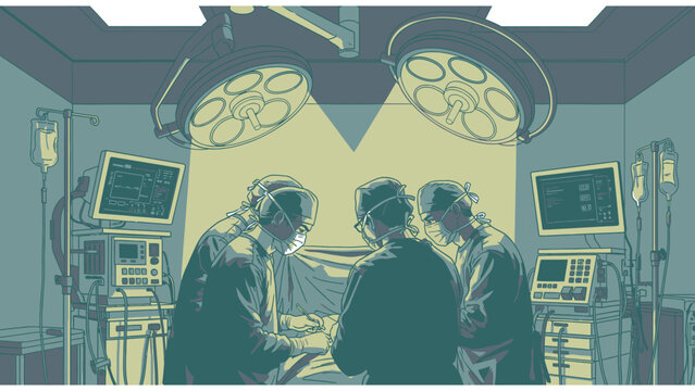 Three surgeons performing a critical operation in a modern hospital operating room, illuminated by bright surgical lights, showcasing advanced medical technology and teamwork in healthcare.