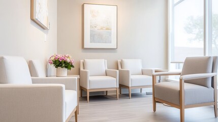 Fototapeta premium Healthcare Consultation Room With Neutral Tones Calming Medic Detailed Room Composition, modern medical clinic interior, professional healthcare facility, patient care environment