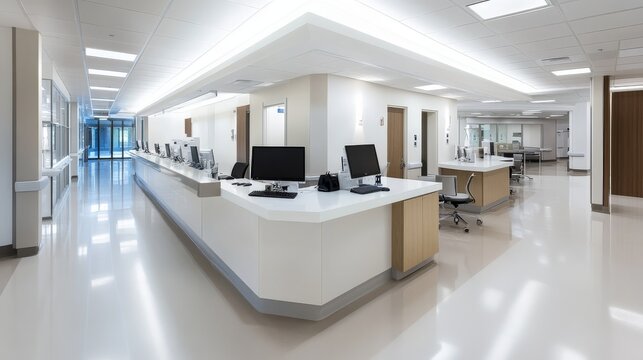 Hospital Outpatient Clinic With Contemporary Interior Patient Wide Angle View, modern medical clinic interior, professional healthcare facility, patient care environment