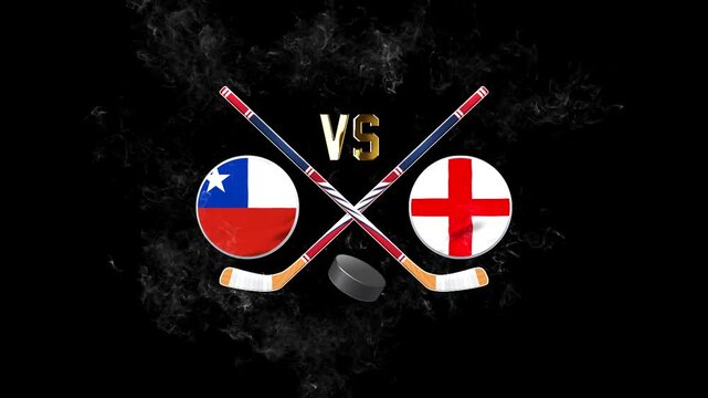 Chile vs England hockey match concept with crossed hockey sticks, puck, and national flags on a dark background
