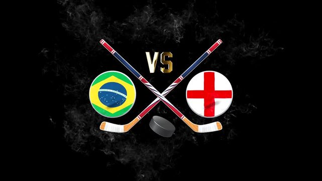Brazil vs England hockey match concept with crossed hockey sticks, puck, and national flags on a dark background