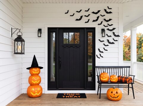 Festive halloween front porch decorations featuring pumpkins bats and a black front door