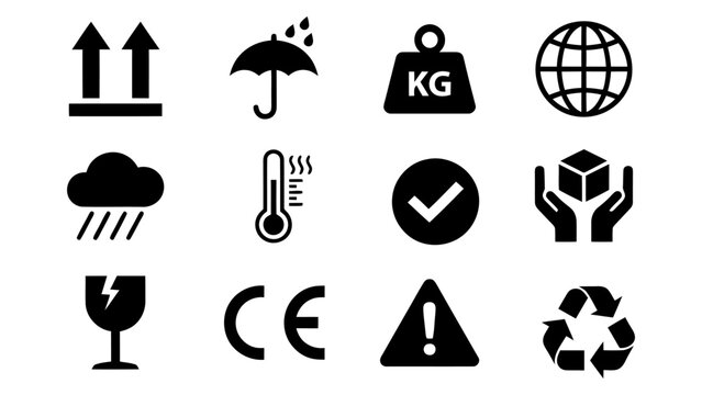 Set of black shipping and handling icons for package labels and industrial cargo delivery Vector