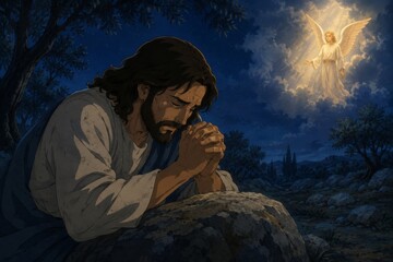 Obraz premium Jesus man praying in Gethsemane garden with angel appearing in night sky. Biblical scene depicting spiritual devotion and faith. Religious illustration for Easter or Christmas holiday.