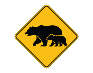 Bear Crossing Sign: A warning sign depicts a black silhouette of a mother bear and her cub crossing a road, alerting drivers to potential wildlife encounters in the area. © Jibit