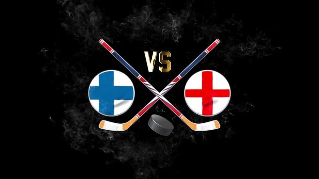 Finland vs England hockey match concept with crossed hockey sticks, puck, and national flags on a dark background