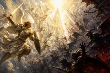 Obraz premium Angel warrior leading heavenly army against demonic forces in epic battle. Fantasy conflict between light and darkness. Cinematic depiction of celestial war with supernatural beings.